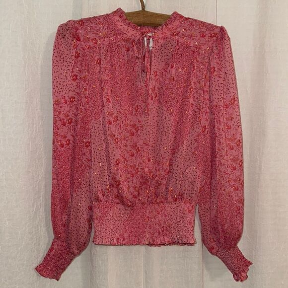 joie S Mock Neck Tie Front Long Balloon Sleeve Pink Gold Metallic Blouse - Picture 1 of 12